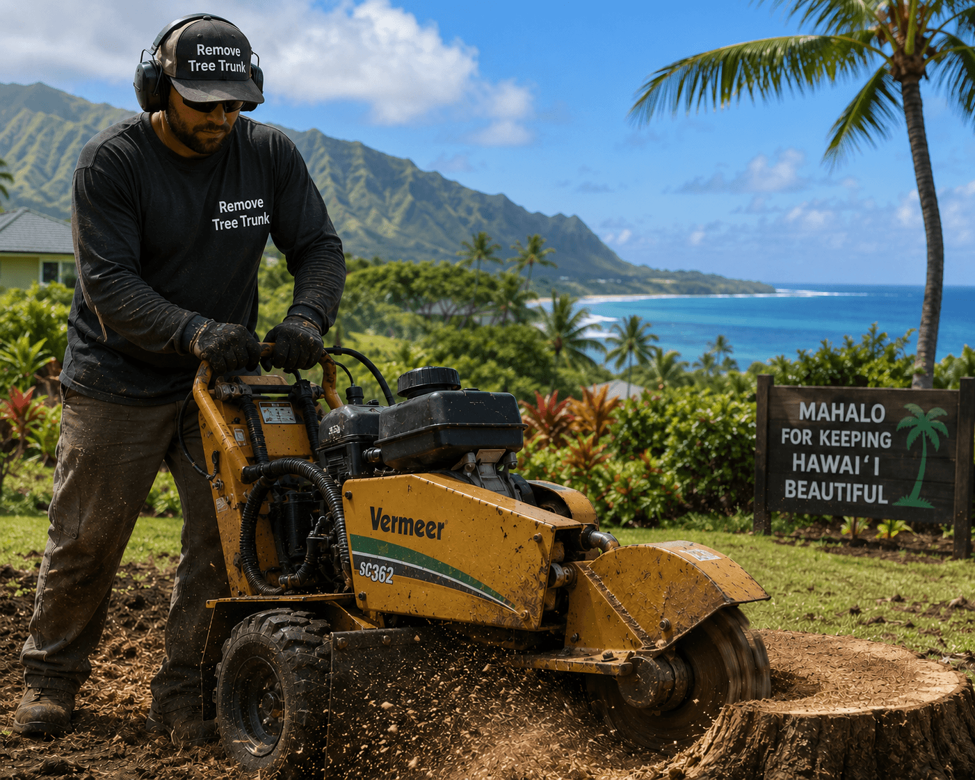 Remove Tree Trunk In Honolulu ISA arborist safely trimming a tall palm tree in Honolulu