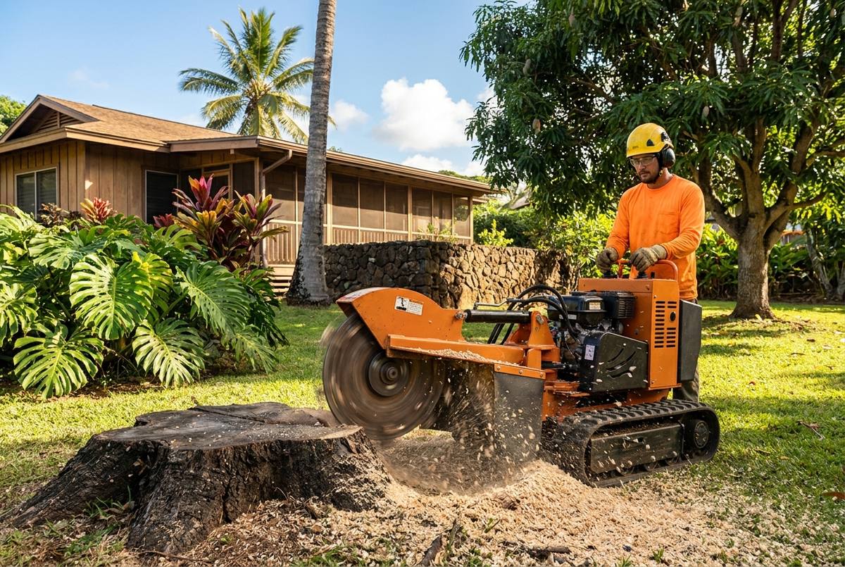 Stump grinding in progress in Honolulu: an ISA-certified arborist removing a tree stump below ground level with a track-mounted stump grinder in an Oʻahu backyard