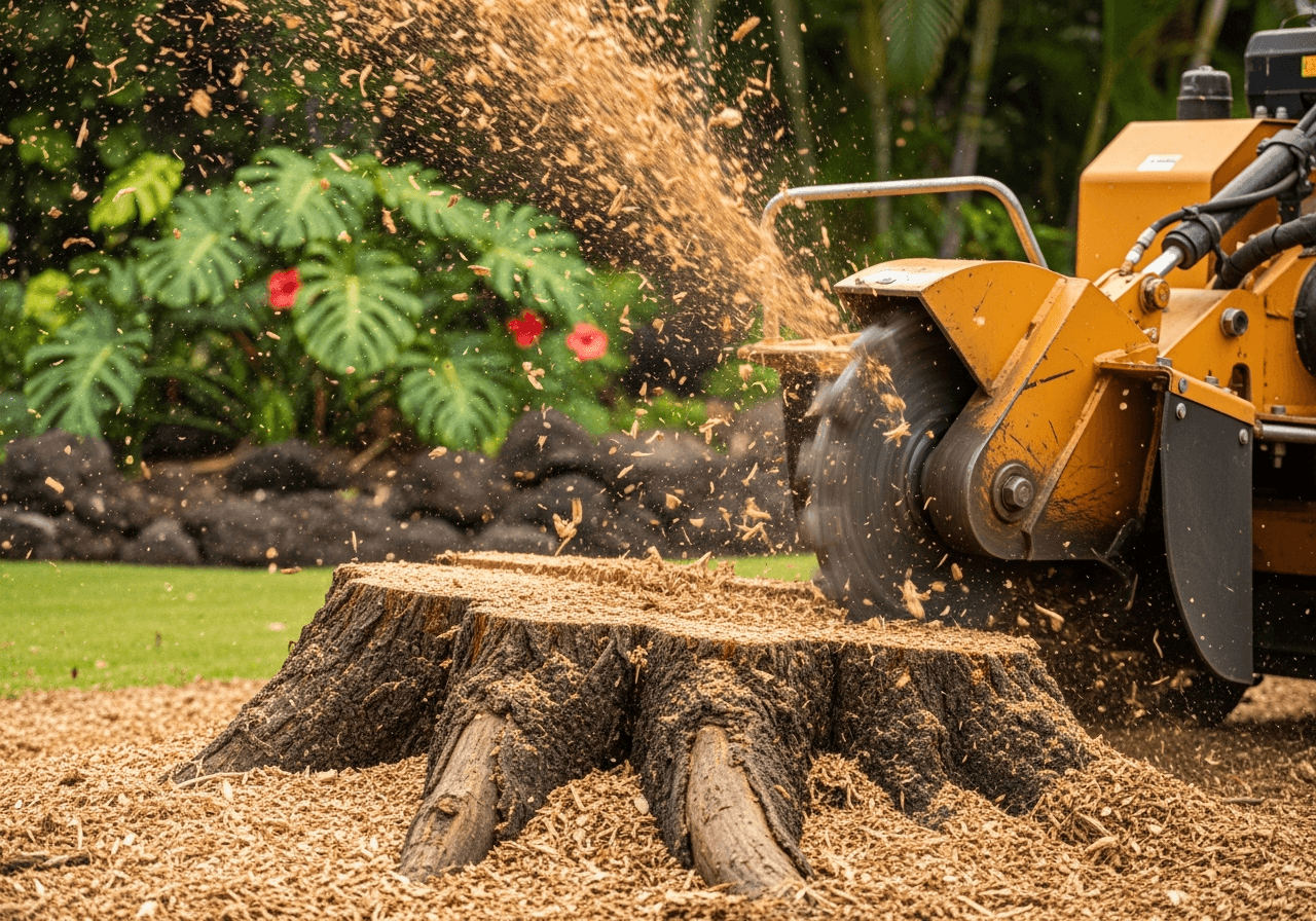 Stump grinder removing a large tree stump