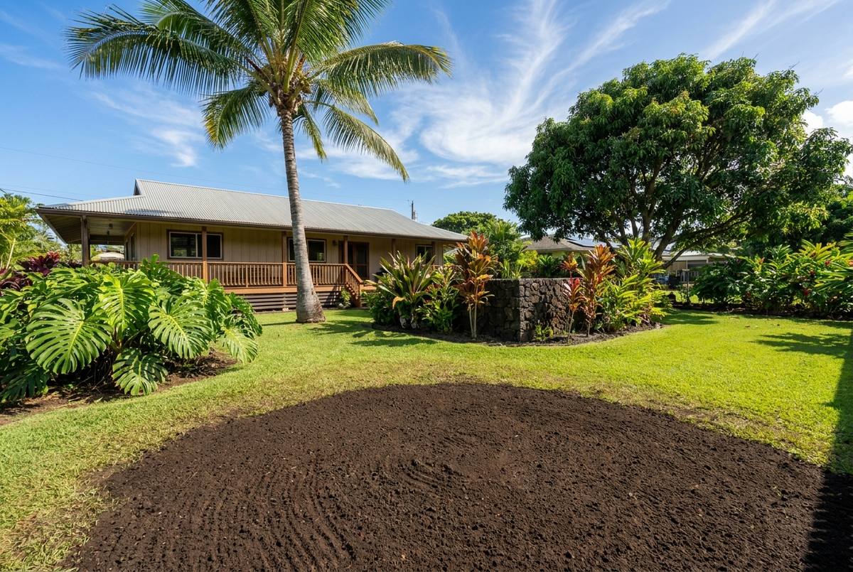 Oʻahu backyard after complete tree stump removal, backfilled with topsoil and raked level, ready to sod or replant
